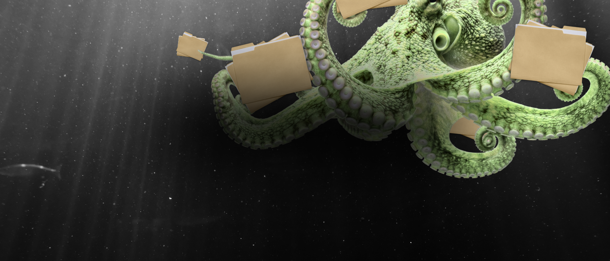 Ein Kraken hält in seinen vielen Armen mehrere Formularmappen